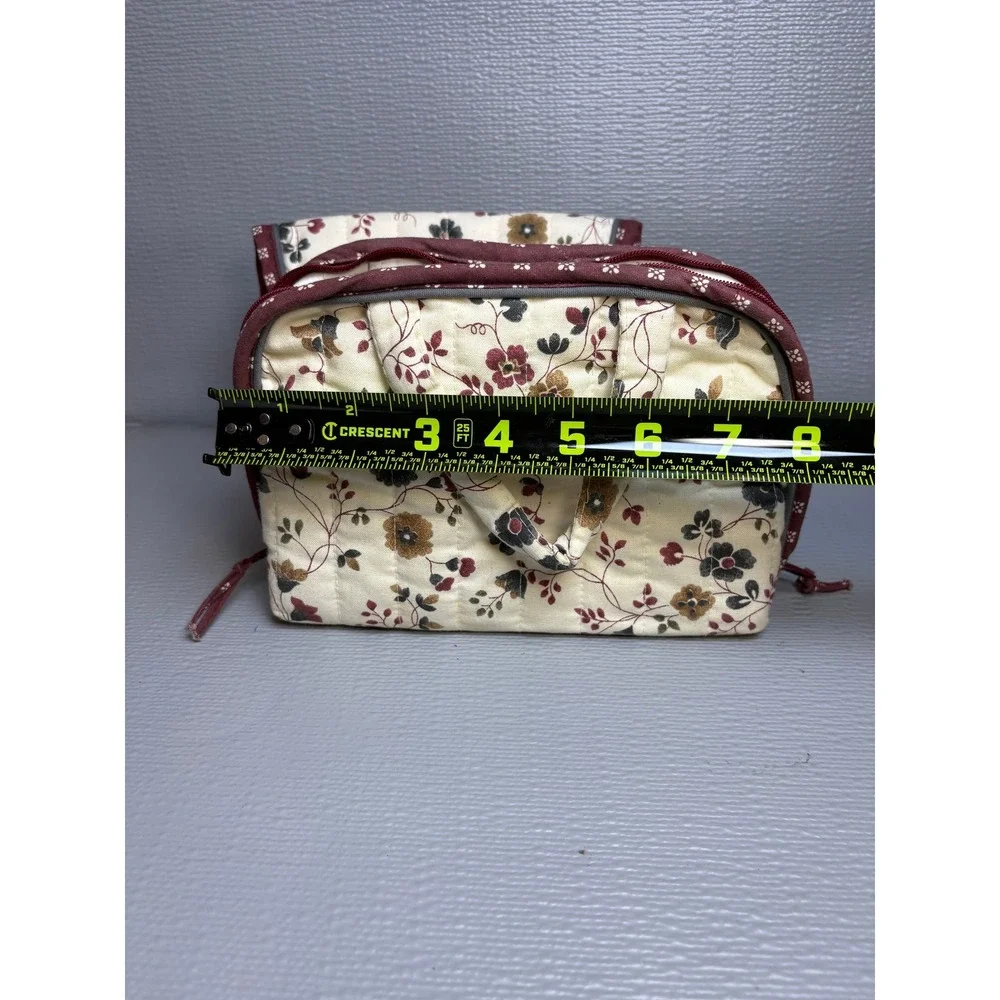 Totes Vintage Style Quilted Floral‎ Makeup Bag & Mirror Pouch Set Cream Burgundy